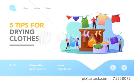 Tiny Characters Drying Wet Clothes Landing Page Template. People Hanging Wet Clothing on Rope and Fire Place, Household Tiny Characters Drying Wet Clothes Landing Page Template. People Hanging Wet Clothing on Rope and Fire Place, Household 71358072