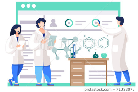 Chemical experiments. Chemists monitoring research progress. Model of chemical compounds on poster 71358073