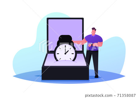 Tiny Male Character Stand at Huge Box with Modern Luxury Watch. Elegant Man Buying Luxury Accessories in Fashion Store Tiny Male Character Stand at Huge Box with Modern Luxury Watch. Elegant Man Buying Luxury Accessories in Fashion Store 71358087