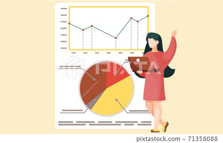 Woman with laptop standing near data report, reading about coronavirus. Health and medical Woman with laptop standing near data report, reading about coronavirus. Health and medical 71358088