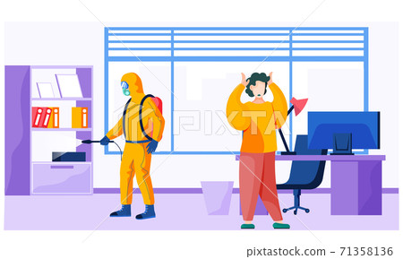 A man from pest control service doing disinfection in office to kill viruses and bacteria A man from pest control service doing disinfection in office to kill viruses and bacteria 71358136