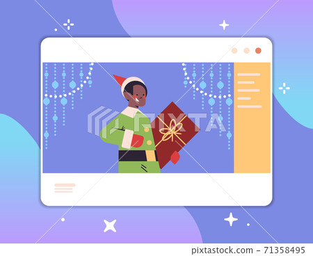 boy elf holding gift box in web browser window happy new year merry christmas holidays celebration concept 71358495