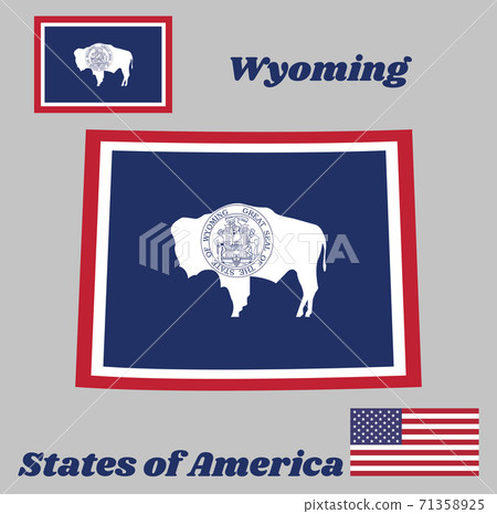 Map outline and flag of  Wyoming. The seal on American bison on blue with white and red. 71358925