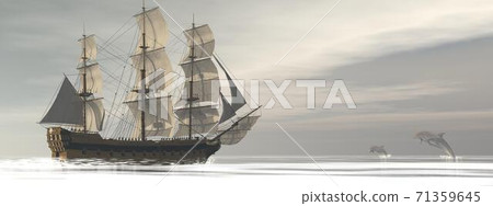 Old merchant ship and dolphins - 3D render 71359645