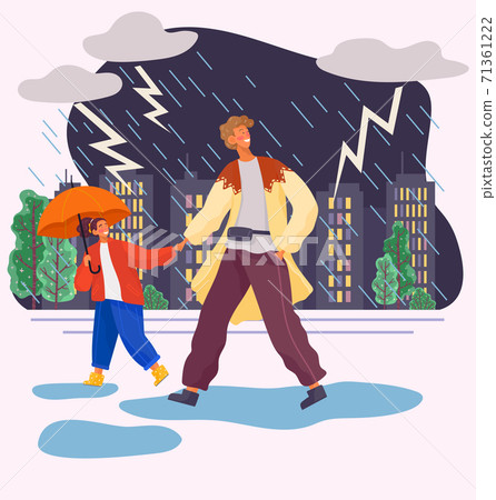 Happy family night walk in the park. Father and daughter are looking at the night sky on a rainy day 71361222
