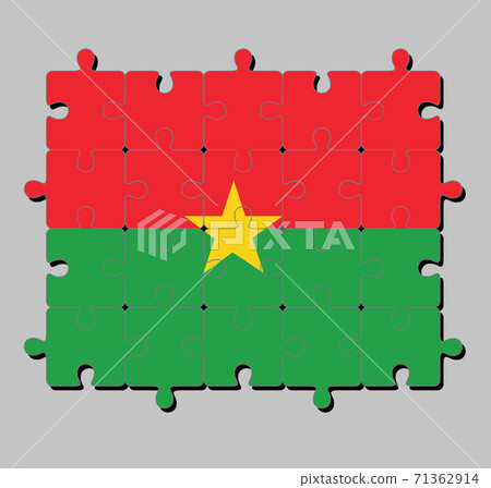 Jigsaw puzzle of Burkina Faso flag in red and green in yellow star. Concept of Fulfillment. Jigsaw puzzle of Burkina Faso flag in red and green in yellow star. Concept of Fulfillment. 71362914