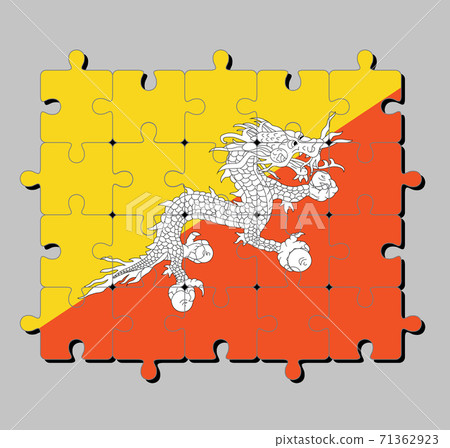 Jigsaw puzzle of Bhutan flag. Concept of Fulfillment or perfection. Jigsaw puzzle of Bhutan flag. Concept of Fulfillment or perfection. 71362923