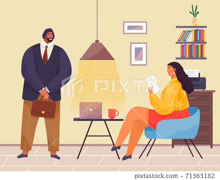 Business meeting. Woman sitting at a table reading document, man standing holding briefcase Business meeting. Woman sitting at a table reading document, man standing holding briefcase 71363182