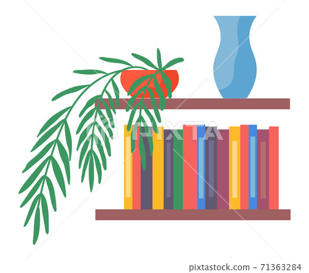 Bookshelf with books, vase and potted plant in room interior. Home library with literature Bookshelf with books, vase and potted plant in room interior. Home library with literature 71363284