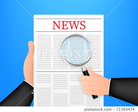 Blank daily newspaper. Fully editable whole newspaper in clipping mask. Reads news with a magnifying glass. Vector stock illustration. 71364474