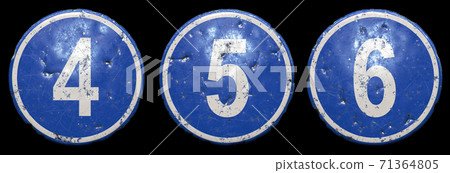 Set of public road sign in blue color with a capitol white numbers 4, 5, 6 in the center isolated black background. 3d Set of public road sign in blue color with a capitol white numbers 4, 5, 6 in the center isolated black background. 3d 71364805
