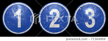 Set of public road sign in blue color with a capitol white numbers 1, 2, 3 in the center isolated black background. 3d 71364809