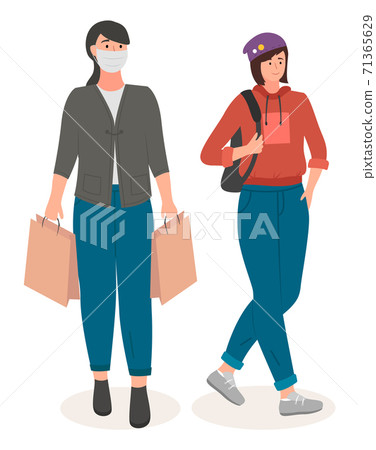 Woman wearing medical face mask to protect against air toxic pollution city and girl in sportswear Woman wearing medical face mask to protect against air toxic pollution city and girl in sportswear 71365629