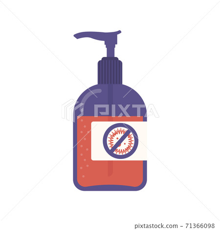 Antibacterial hand gel. Disinfector bottle with dispenser. Alcoholic liquid to protect against viruses. Vector illustration in flat style isolated on white background. 71366098