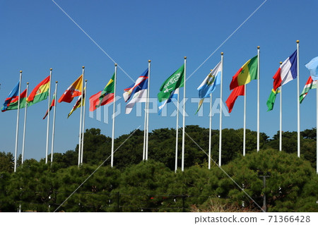 藍藍的天空背景下揮舞著世界各地的國旗 藍藍的天空背景下揮舞著世界各地的國旗 71366428