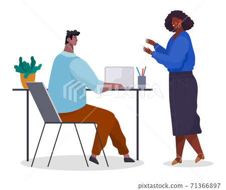 Office workers. Co-workers. Colleagues discuss project teamwork. Office staff work and communication Office workers. Co-workers. Colleagues discuss project teamwork. Office staff work and communication 71366897