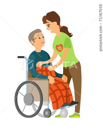 Old Man in Wheelchair, Senior and Woman Vector 71367038