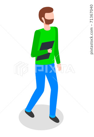 Businessman holding tablet pc vector illustration. Man holds electronic device with touch screen 71367040