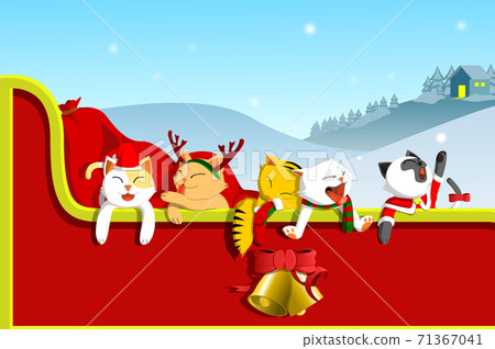 Christmas cats with accessories are riding during the winter by Santa cart. Vector illustration. 71367041