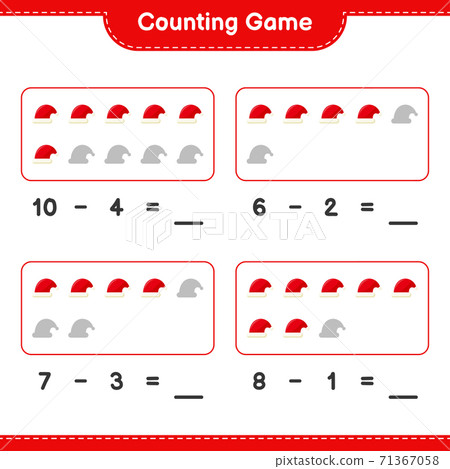 Counting game, count the number of Santa Hats and write the result. Educational children game, printable worksheet, vector illustration Counting game, count the number of Santa Hats and write the result. Educational children game, printable worksheet, vector illustration 71367058