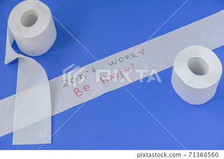 Rolls of toilet paper, blue background, with words, text of support. Concept of problem with consumer essential goods, virus, hygiene, health, antipanic Rolls of toilet paper, blue background, with words, text of support. Concept of problem with consumer essential goods, virus, hygiene, health, antipanic 71368560