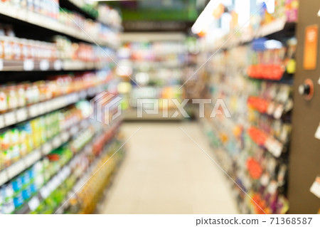 Blurred Supermarket Background, Grocery Store Aisle With Shelves And Products Blurred Supermarket Background, Grocery Store Aisle With Shelves And Products 71368587