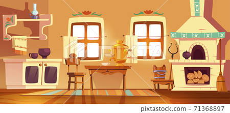 Old rural russian kitchen oven and samovar Old rural russian kitchen oven and samovar 71368897