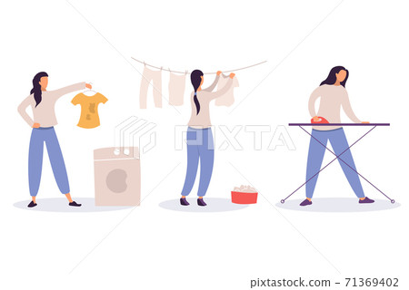 Woman at housework - laundry, drying and ironing of linen, girl washing dirty clothes, housekeeping and cleaning concept 71369402