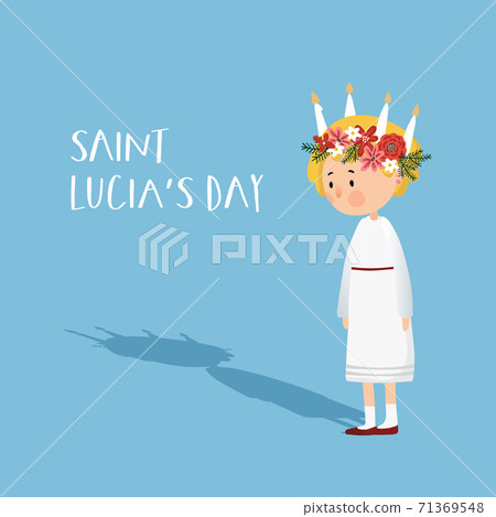 Little blonde girl with floral wreath and candle crown and long shadow. Saint Lucia. Swedish Christmas tradition, vector illustration background, flat design. 71369548
