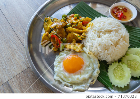 Red curry with pork and coconut milk (Panaeng), serve with rice ,Thai food 71370328