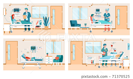 Hospital ward scenes set with doctors and patients flat vector illustration. 71370525