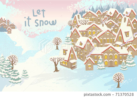 Winter landscape with snow village. Wooden houses. Vector illustration Winter landscape with snow village. Wooden houses. Vector illustration 71370528