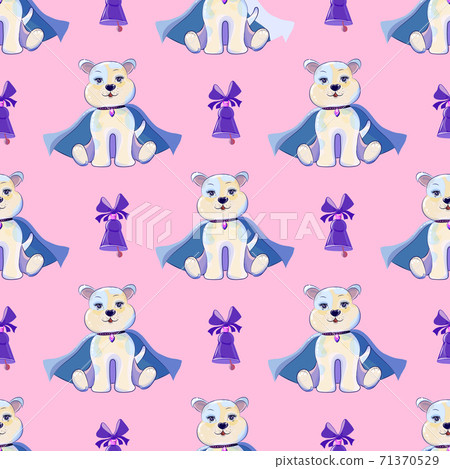 Seamless pink background with colorful, beautiful dog. With a beautiful fluttering cloak. Blue bell with a bow. Vector illustration Seamless pink background with colorful, beautiful dog. With a beautiful fluttering cloak. Blue bell with a bow. Vector illustration 71370529