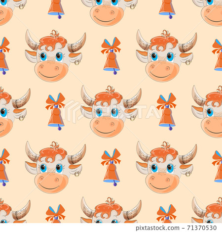 Funny bull head. Seamless pattern on an orange background with a bell and a bull. Lunar horoscope is. Happy new year 2021. Cow, Bison. Template for your design - poster, postcard, web page. Funny bull head. Seamless pattern on an orange background with a bell and a bull. Lunar horoscope is. Happy new year 2021. Cow, Bison. Template for your design - poster, postcard, web page. 71370530
