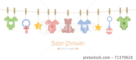 baby shower welcome greeting card for childbirth with hanging utensils 71370628