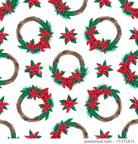 Christmas watercolor wreath seamless pattern. illustration in vintage style. 71371671