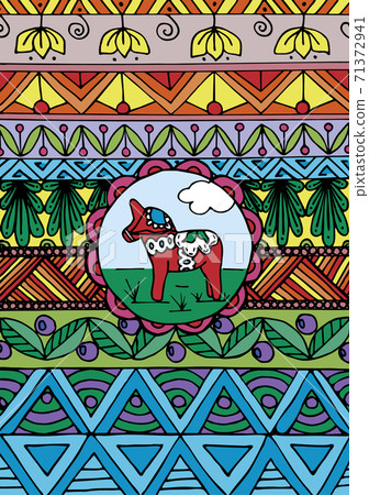 Greeting card with swedish traditional red dala horse and different ornaments, vector 71372941