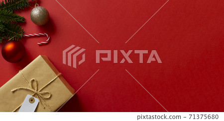 Christmas background material fir tree, decorations and gifts. Shopping, gifts, online shopping, shopping 71375680