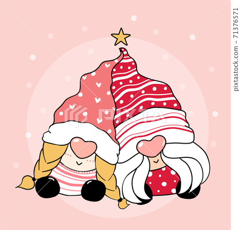 Cute Gnome couple lover, pink nose, sit together, flat vector cartoon outline, idea for greeting card, kid print Cute Gnome couple lover, pink nose, sit together, flat vector cartoon outline, idea for greeting card, kid print 71376571