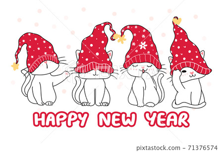 cute happy funny white four kitten cat in red Christmas hat, cartoon vector hand drawing, Happy new year, merry christmas, for greeting card, banner, print cute happy funny white four kitten cat in red Christmas hat, cartoon vector hand drawing, Happy new year, merry christmas, for greeting card, banner, print 71376574