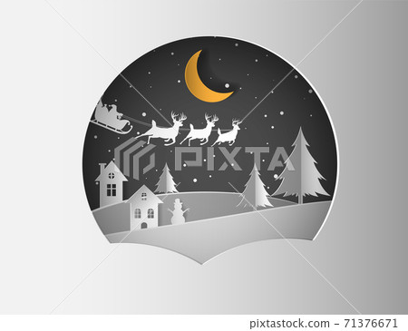 Marry christmas with Deer and santa claus driving in a sleigh with snow in the winter season. Marry christmas with Deer and santa claus driving in a sleigh with snow in the winter season. 71376671