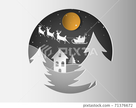 Marry christmas with Deer and santa claus driving in a sleigh with snow in the winter season. Marry christmas with Deer and santa claus driving in a sleigh with snow in the winter season. 71376672