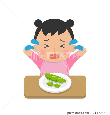 可愛的嬰兒吃蔬菜,挑食,生氣,哭鬧,日常生活,卡通漫畫向量插畫,組合,隔絕 71377338