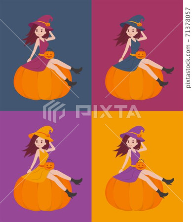 4 kinds of halloween witch sitting on a pumpkin poster, card graphic design, cartoon comic vector illustration 4 kinds of halloween witch sitting on a pumpkin poster, card graphic design, cartoon comic vector illustration 71378057