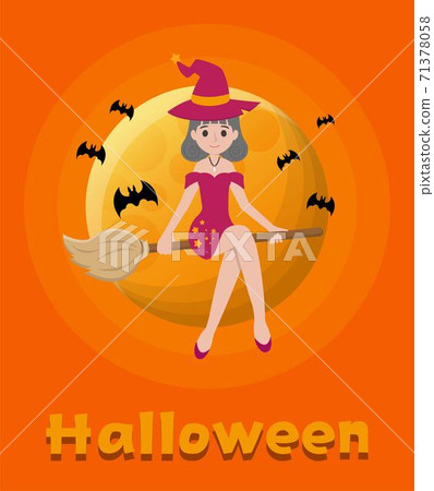 Halloween witch riding a broom in the night sky, cartoon comic vector illustration 71378058