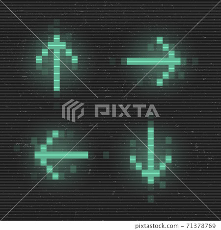 Retrofuturistic set of glitch arrows. Green glowing digital pointers. 8 bit pixel arrows. Cyberpunk glowing design elements for poster, flyer, cover, banner, web, games. Vector Retrofuturistic set of glitch arrows. Green glowing digital pointers. 8 bit pixel arrows. Cyberpunk glowing design elements for poster, flyer, cover, banner, web, games. Vector 71378769