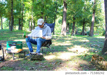A man working in a solo camp A man working in a solo camp 71380242