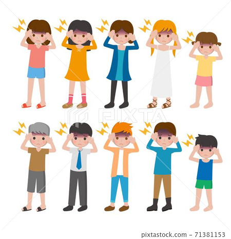 10 cartoon character vector combinations of men and women and children, headache, fever, and illness 71381153