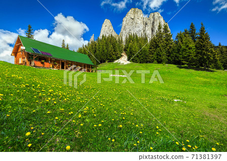 Wonderful summer landscape with high cliffs and wooden hut, Romania Wonderful summer landscape with high cliffs and wooden hut, Romania 71381397