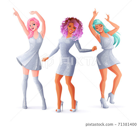 Dancing women in silver sparkly dresses. Isolated vector illustration. 71381400